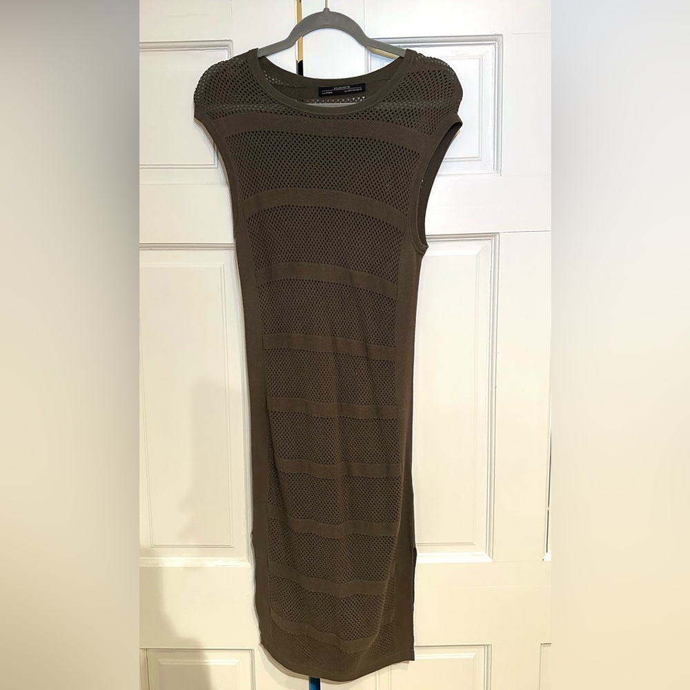 AllSaints Olive Brown Mesh Linen Blend Knit Midi Dress